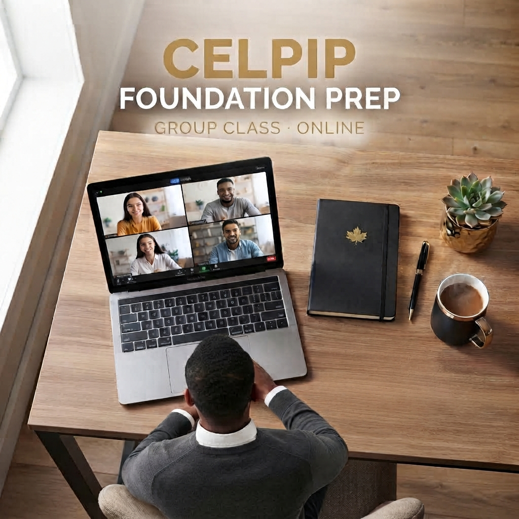 CELPIP Foundation Prep online group class: student at a desk joining a live video lesson